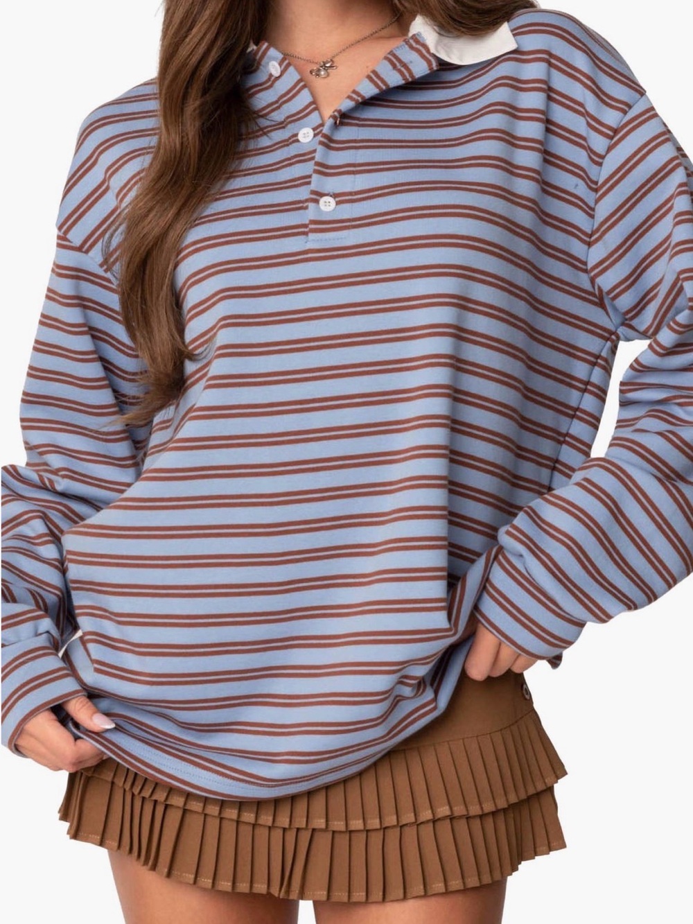 NWT Edikted Striped Rugby Polo in Light Blue and Brown